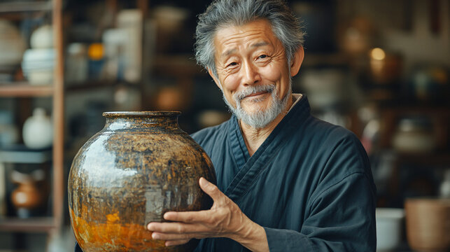 a man holding a vase with a lot of gold in it