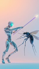 Cybernetic Hunter: A Futuristic Robot Battles a Giant Mosquito in a Pastel Dreamscape