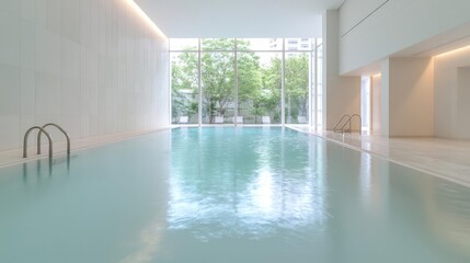 Fototapeta premium Indoor pool, city view, tranquil spa, relaxation