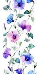 Soft watercolor morning glories interconnected, violet and turquoise tones, delicate brush strokes, romantic seamless pattern design, climbing vine layout