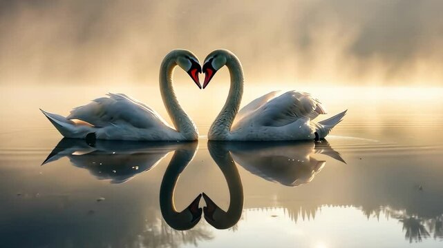 Two swans are swimming in a lake, with their heads together in a heart shape. Concept of love and affection between the two birds