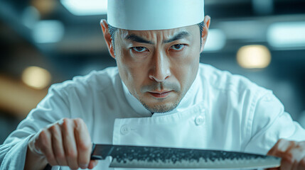 a chef holding a knife and a knife