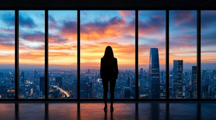 Fototapeta premium A contemplative silhouette of a businesswoman gazing out at a stunning city skyline during a vibrant sunset glow.