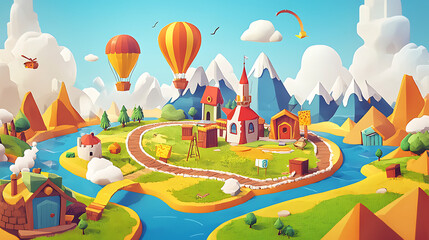 Fototapeta premium Cartoon island village, hot air balloons, mountains, children's book illustration