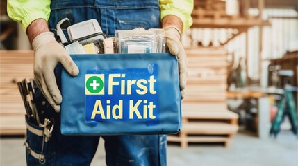 A person holding a blue first aid kit in a work setting, ready for emergencies.
