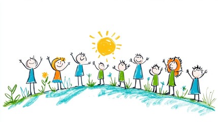 Colorful Children Enjoying Sunny Day in Nature with Happiness and Joyful Expressions in Playful Illustration Art