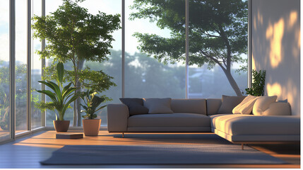A modern minimalist living room with a cozy sofa and potted plants in natural light