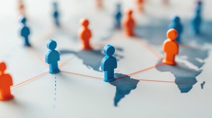 Strategic global market expansion concept. Colorful figurines represent people and connections on a global map, symbolizing networking and community.