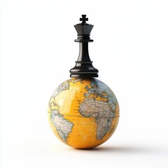 Obraz premium Strategic global market expansion concept. A chess king piece on a globe symbolizes strategy and global dominance.