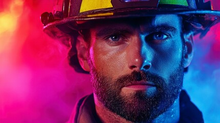 A striking portrait of a confident firefighter in a vibrant, colorful atmosphere showcasing bravery and dedication