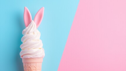 Easter soft serve ice cream cone topped with whimsical bunny ears against a colorful backdrop.