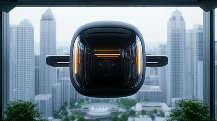 Futuristic urban transport pod hovering against a backdrop of a modern city skyline, showcasing advanced technology in transit design.