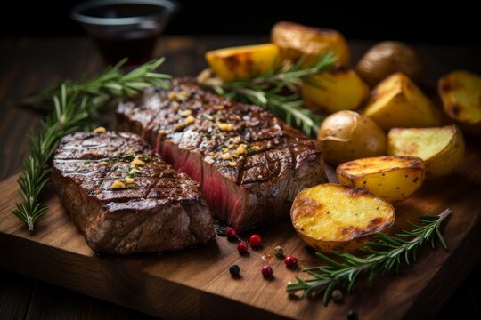 Sizzling steak and roasted potatoes on a rustic wooden board. Generative AI - Powered by Adobe