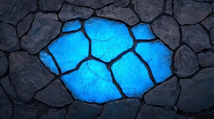 A striking composition of cracked dark surface with glowing blue elements creating an intriguing contrast and visual interest.