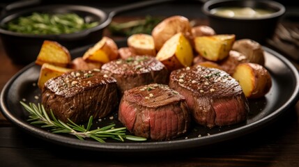 Savory grilled steaks served with roasted potatoes and fresh herbs. Generative AI