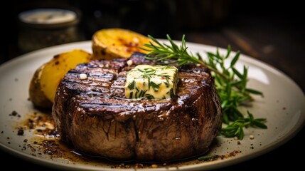 Perfectly grilled steak with herb butter and roasted potatoes on a rustic plate. Generative AI