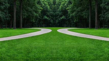 A serene crossroads in a lush green park with winding pathways surrounded by dense trees and vibrant grass
