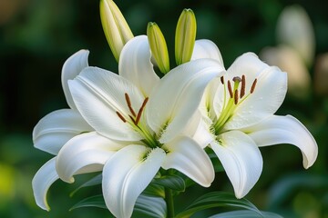 White lily flower blooming in garden with buds and green leaves