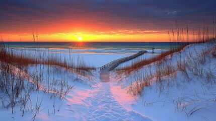 Obraz premium Snowy Beach Sunrise: A Serene Winter Seascape. Picturesque winter wonderland on the coast, where snow meets the ocean at dawn.