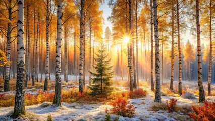 Obraz premium Golden Sunlight Illuminates a Frosty Birch Forest at Dawn, Painting a Breathtaking Autumnal Scene