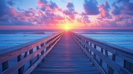 Fototapeta premium Majestic Sunrise over the Ocean: A Serene Beach Pier View