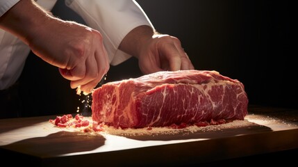 Expert chef seasoning a prime cut of beef under dramatic lighting. Generative AI