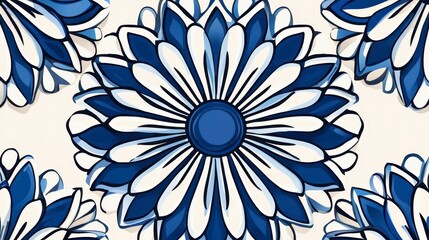 Fototapeta premium Intricate blue and white floral pattern featuring symmetrical petals and a central circle, ideal for modern decor
