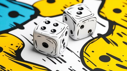 Two artistic dice on a colorful patterned surface, embodying chance, playfulness, and gaming aesthetics