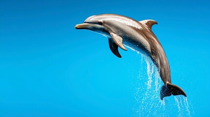 Obraz premium A graceful dolphin leaps joyfully above the crystal-clear ocean water against a vibrant blue sky