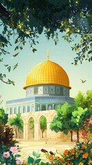 Obraz premium Golden Dome of the Rock Mosque in Jerusalem: A Serene Oasis of Faith and Tranquility