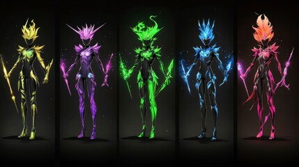 A striking lineup of fantasy warrior characters showcasing vibrant elemental powers and unique designs in an ethereal setting.