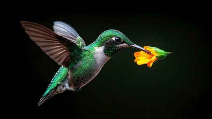 Fototapeta premium A beautiful hummingbird hovering gracefully while sipping nectar from a vibrant orange flower in a serene environment