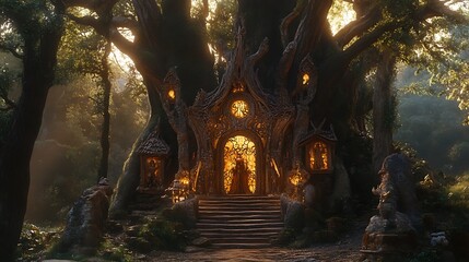 Fototapeta premium A Mystical Wooden Treehouse Entrance in a Sunlit Forest