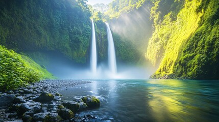 Twin waterfalls cascading into a river with sun rays illuminating mossy cliffs in a lush forest