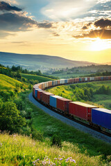 Fototapeta premium Freight trains loaded with containers moving through a scenic countryside