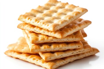 Stack of delicious square crackers on white background