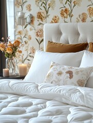 Cozy bedroom with floral wallpaper and soft bedding creating a relaxing atmosphere for sleep