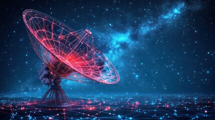 Futuristic satellite dish against starry night sky.