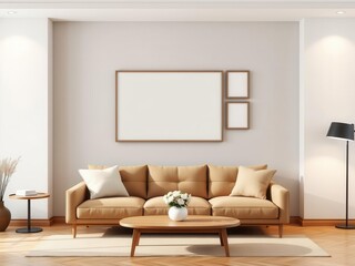 Fototapeta premium A mockup of a living room wall art display with a modern frame and gallery layout, interior design, trendy, living room