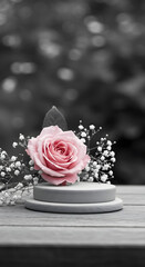 Natural beauty podium backdrop for product display with a pink rose flower, surrounded by lush greenery, under bright daylight, creating a vibrant and lively atmosphere.