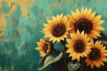 Sunflowers painting blooming with vibrant yellow petals against textured teal background
