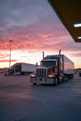 Semi trucks parked at a truck stop