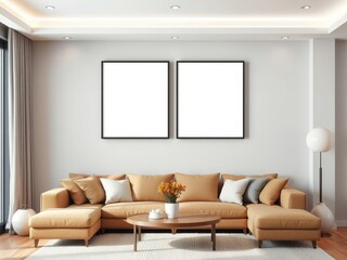 Fototapeta premium A mockup of a living room wall art canvas displayed with a modern background, template, digital, display