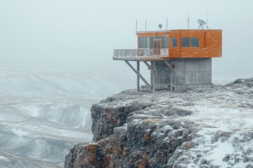 Orange meteorological station standing on cliff during snow storm in iceland