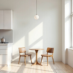 kitchen interior in light colors, 2 chairs and a round table in the center