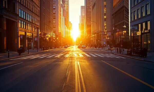 Sunset over a city street, showcasing urban architecture and empty roads, evoking tranquility