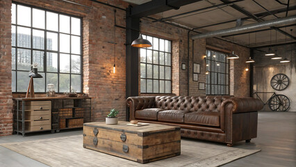 Industrial loft interior, brown leather Chesterfield sofa, rustic wooden coffee table, exposed brick walls, large factory windows, industrial lighting fixtures, wooden storage cabinets, concrete floor