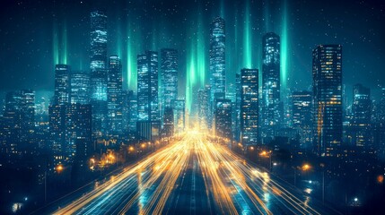 Fototapeta premium Futuristic City at Night: A Mesmerizing Nightscape of Illuminated Skyscrapers and Dynamic Traffic Flow