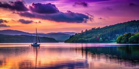 Obraz premium Serene Sunset Sailboat on a Calm Lake, Mountains in the Background, Vibrant Sky Colors