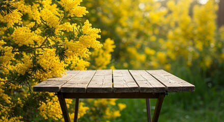 Naklejka premium Outdoor scene featuring a wooden table and bright yellow mimosa flowers, creating a natural and cheerful atmosphere